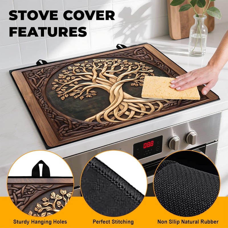 BVBOX Tree of Life Stove Top Cover Retro Flower Gas Stove Top Cover for Home Decoration Kitchen Pad Non-Stick Washable Cooktop Covers Countertop Protector Keep Stove Clean 28"x20" - Image 2